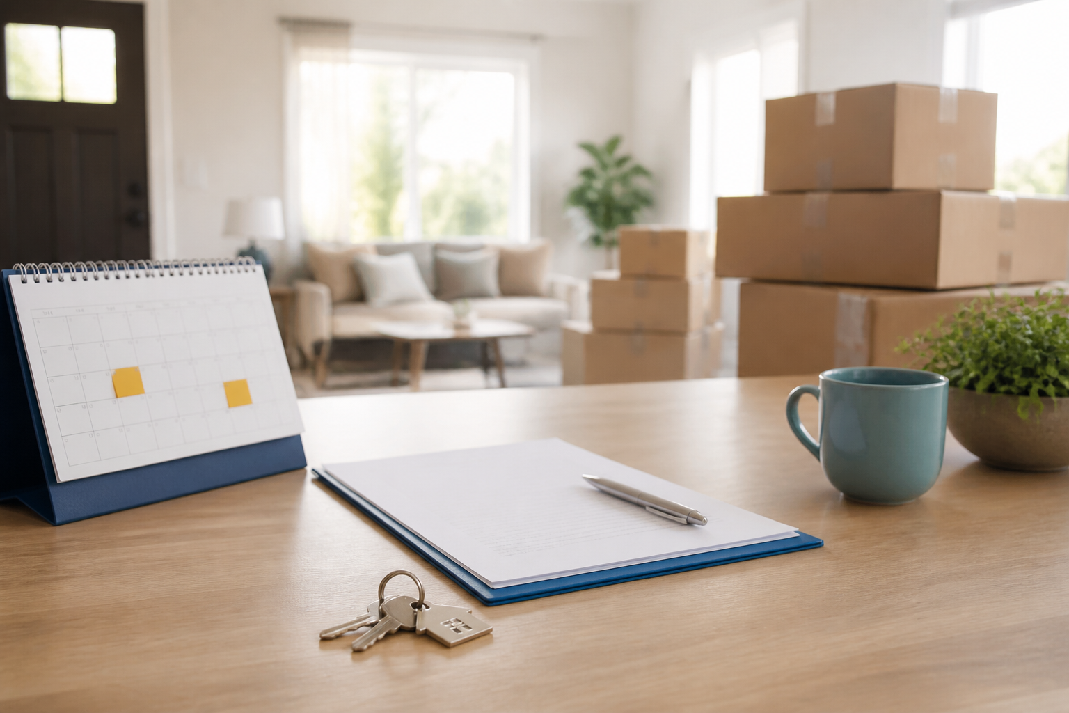 House keys, a moving calendar and signed home-purchase papers on a table beside moving boxes.