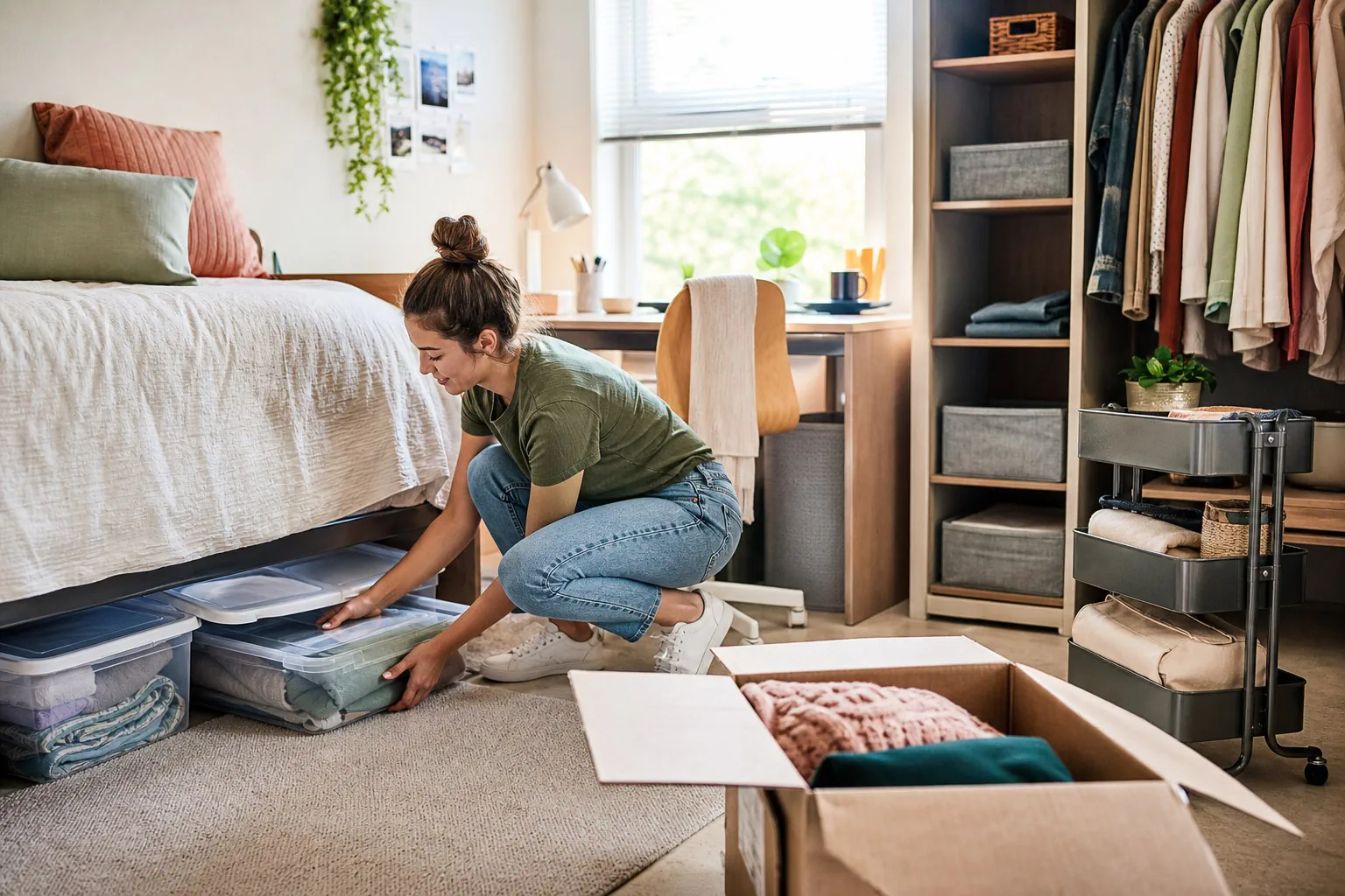 Illustration of dorm essentials and compact storage boxes.