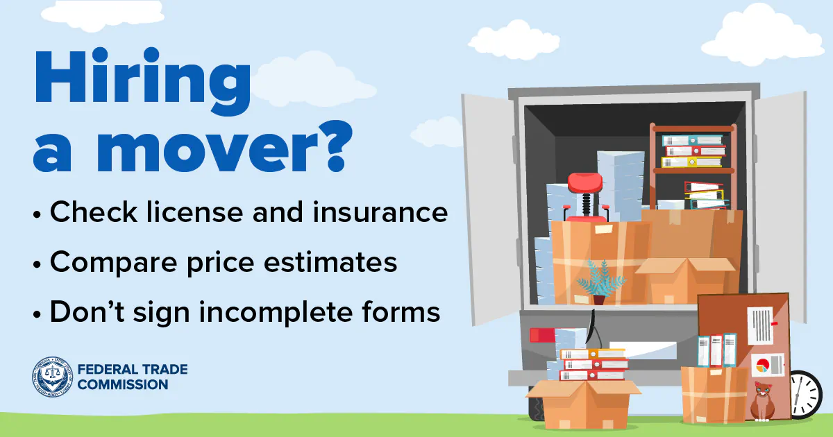FTC illustration listing license checks, estimate comparison and complete paperwork as safeguards when hiring a mover.