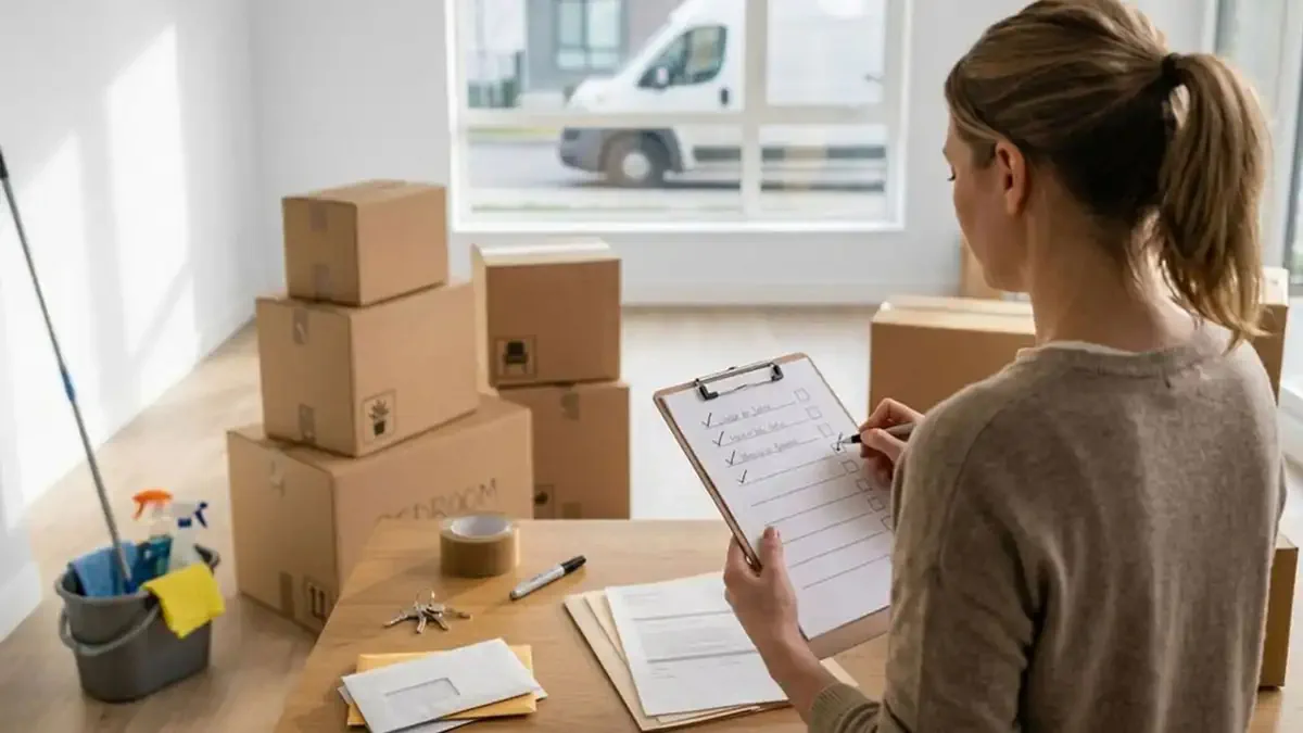 Couple in kitchen marking a calendar with flat-pack boxes - 8-week moving plan