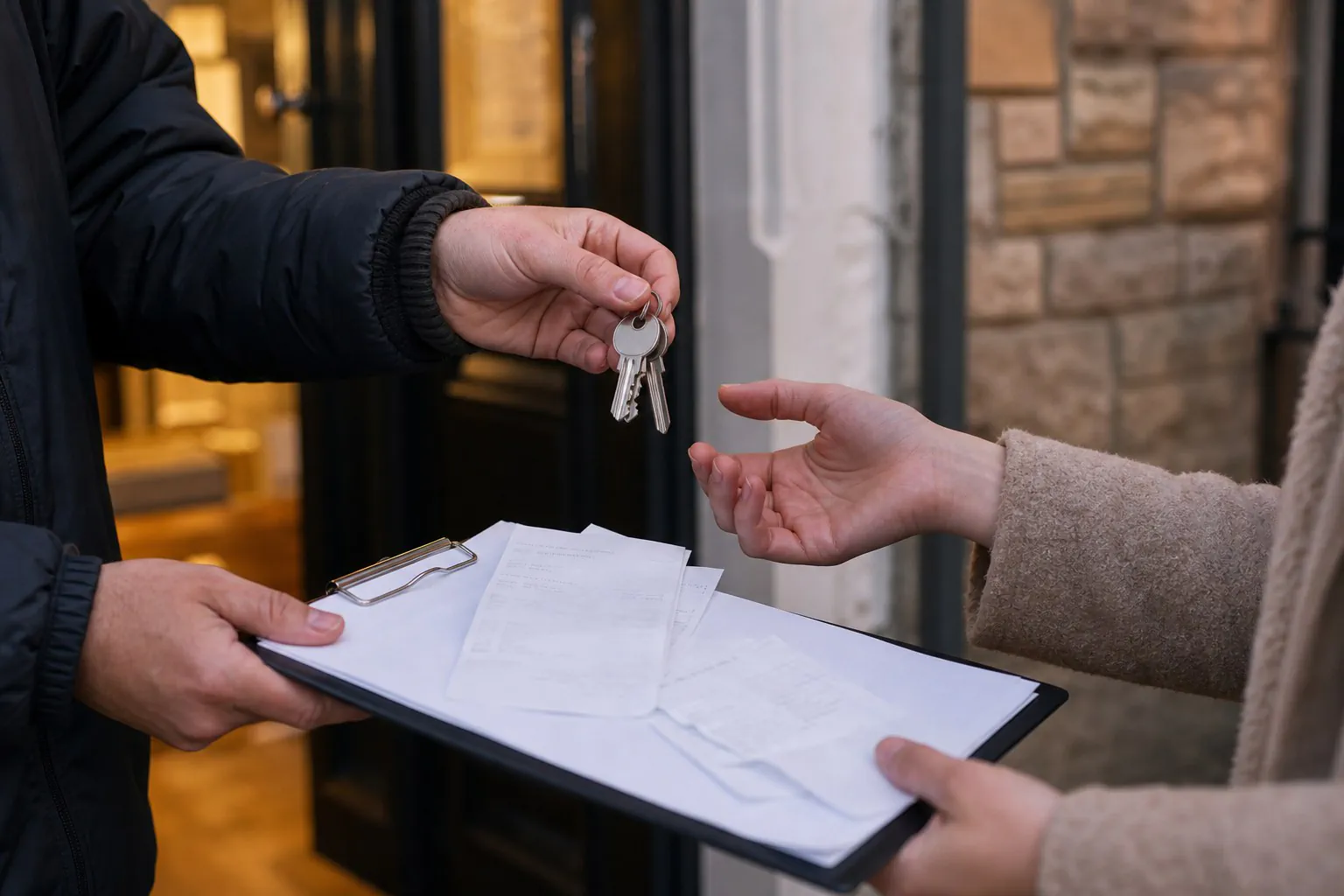 A mover hands keys to a customer while they review a service estimate and calculator.