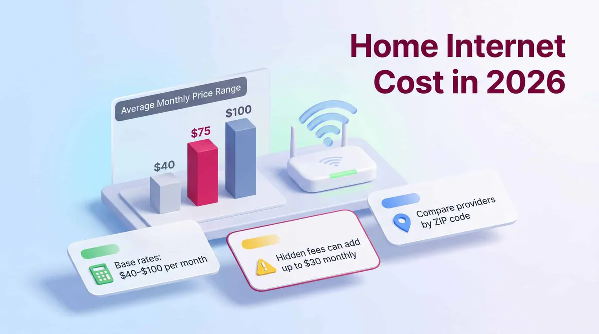 Infographic showing 2026 average internet cost, base rate ranges, and potential hidden fees.