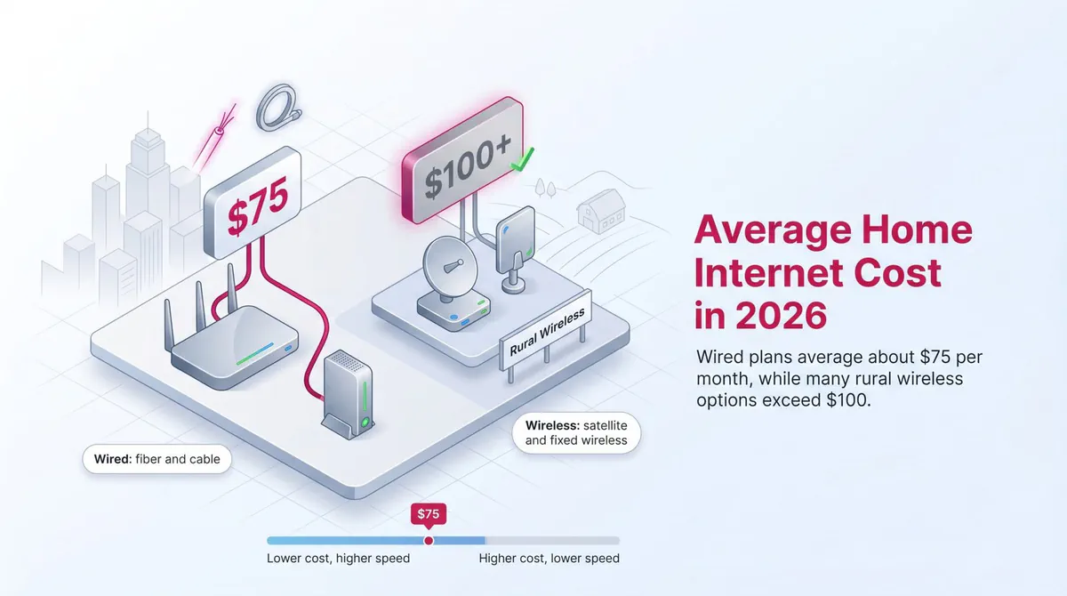 Infographic comparing the average wired internet cost of $75 to the rural wireless cost of over $100 in 2026.