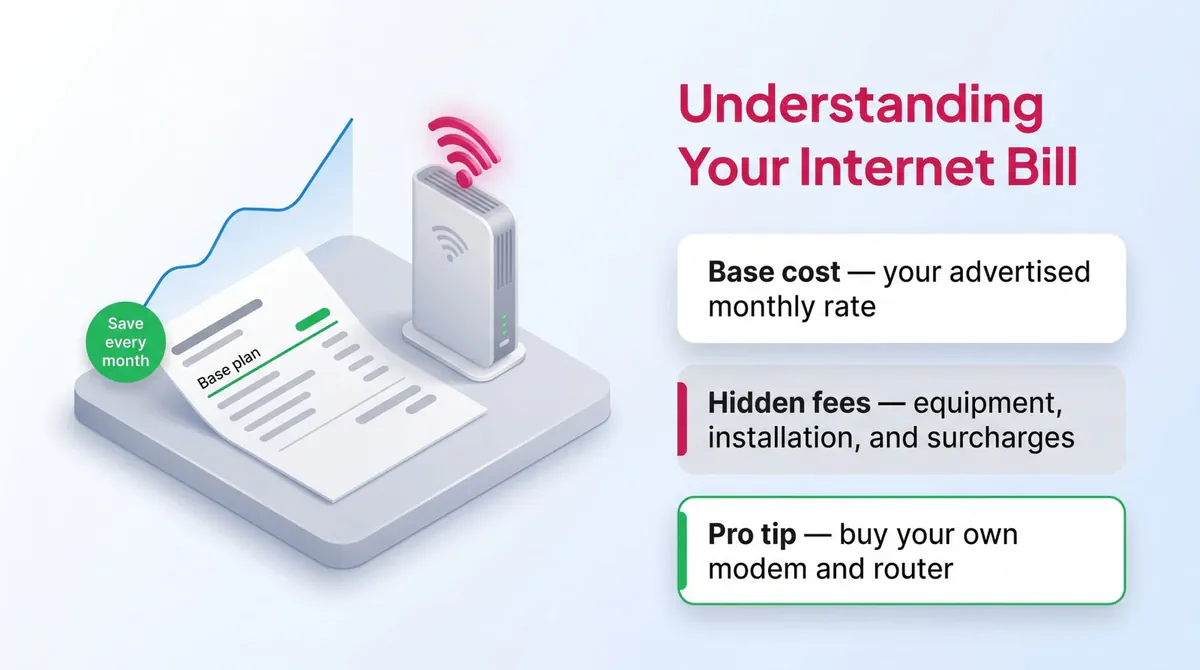 Illustration showing an internet bill and router, defining base costs, hidden fees, and a pro tip.