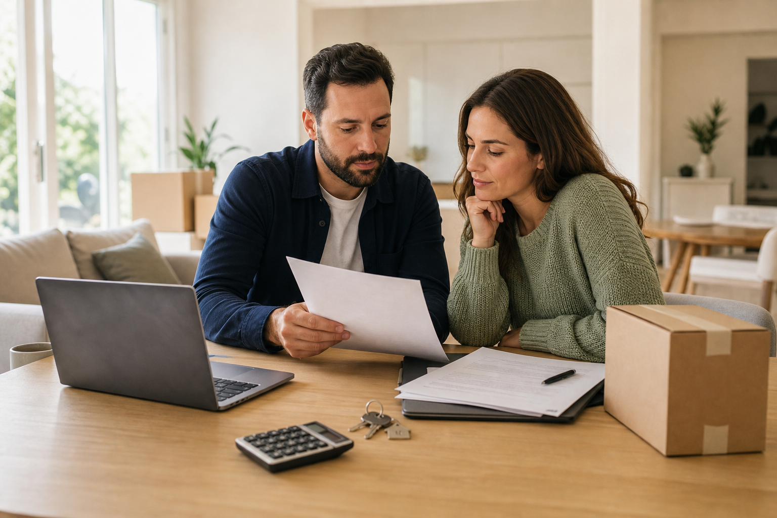 A couple reviews mortgage paperwork, a calculator, and house keys beside a moving box.