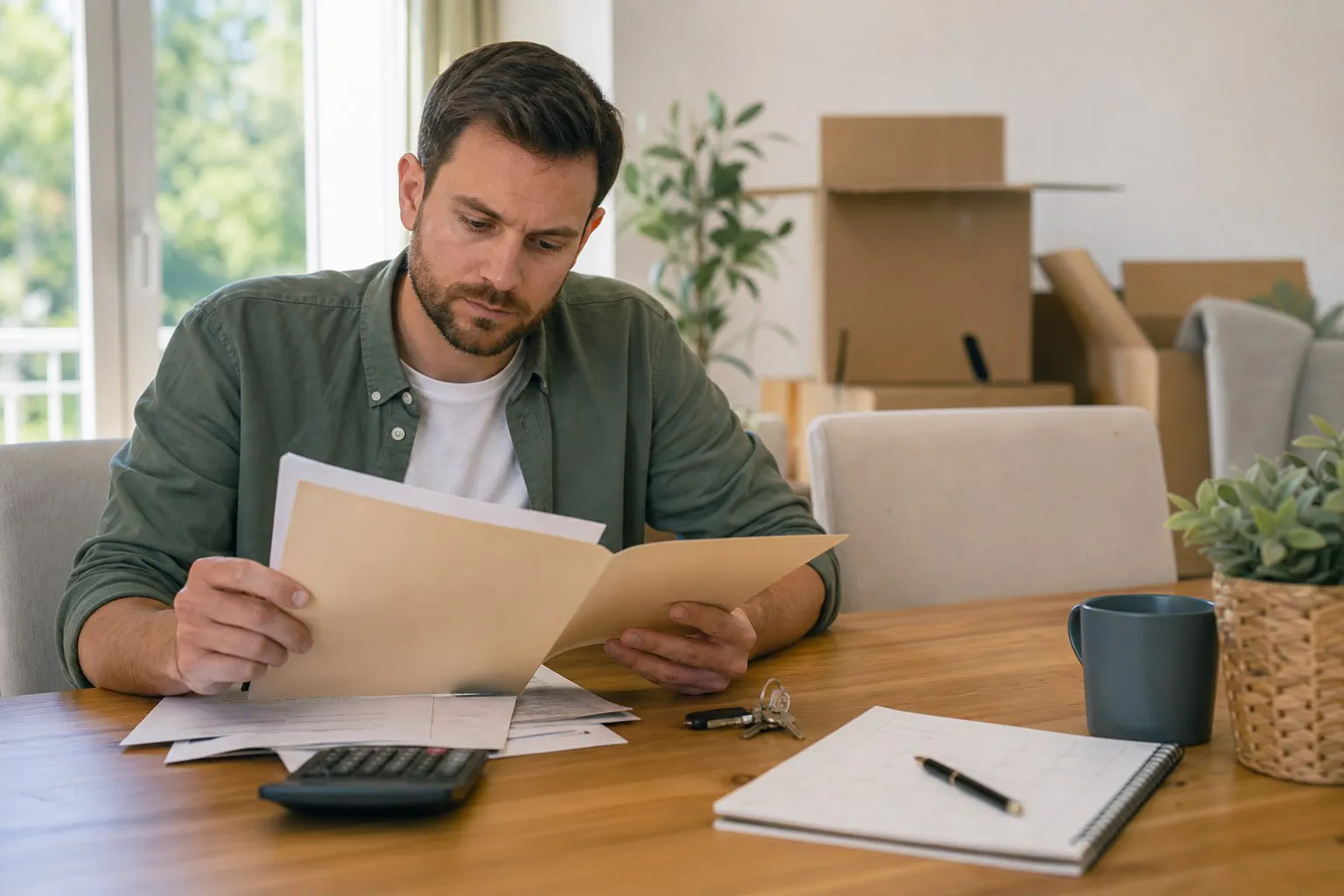 A homeowner reviews mortgage payoff and closing paperwork beside packed moving boxes.