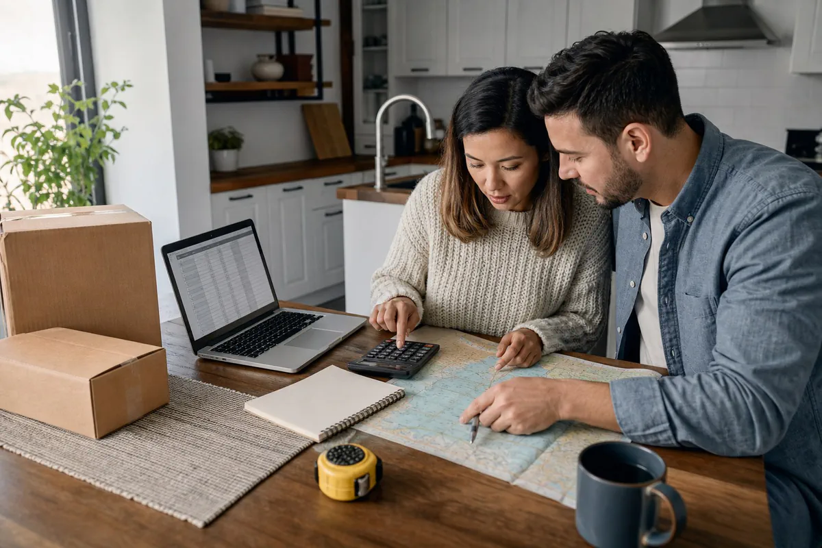 A couple building a long-distance moving budget with a calculator, map and laptop.