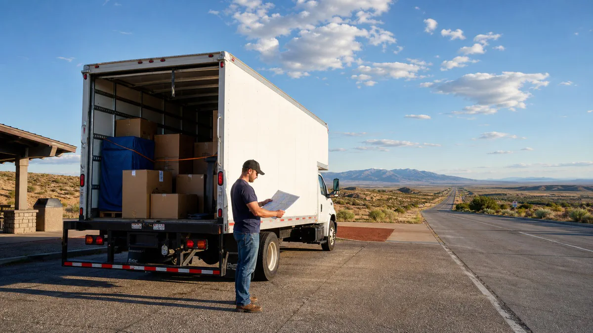 A long-distance moving truck at a highway stop while the driver reviews the route.