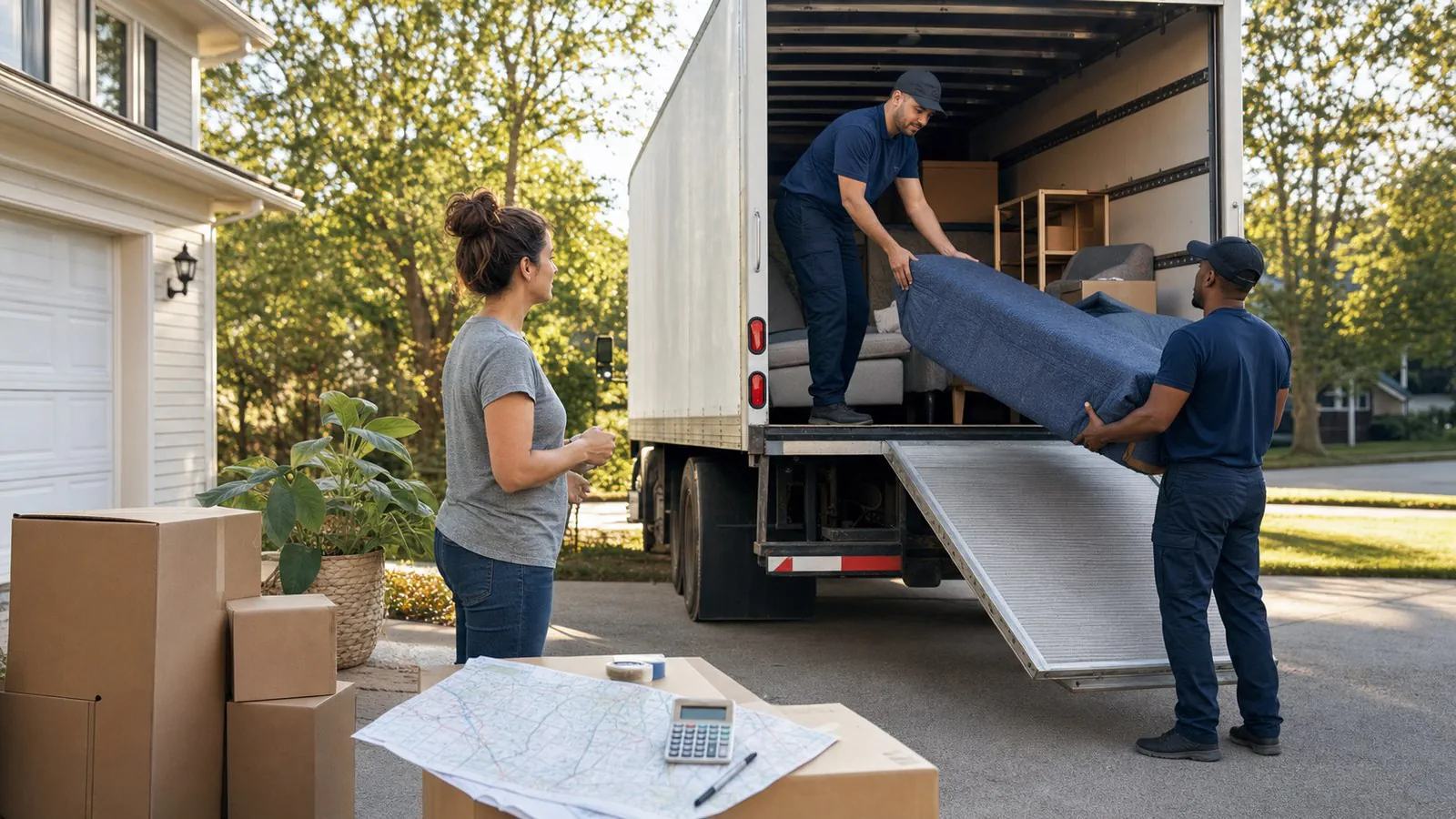 Professional movers loading a household truck while the homeowner reviews a route and budget.
