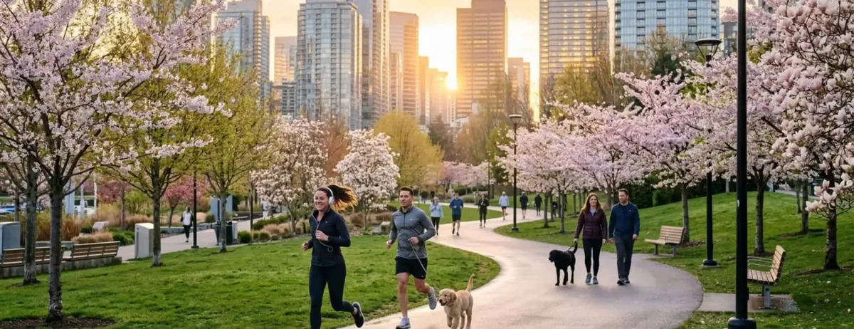 People jogging and walking dogs on a path lined with cherry blossoms, city skyline in the background at sunset.
