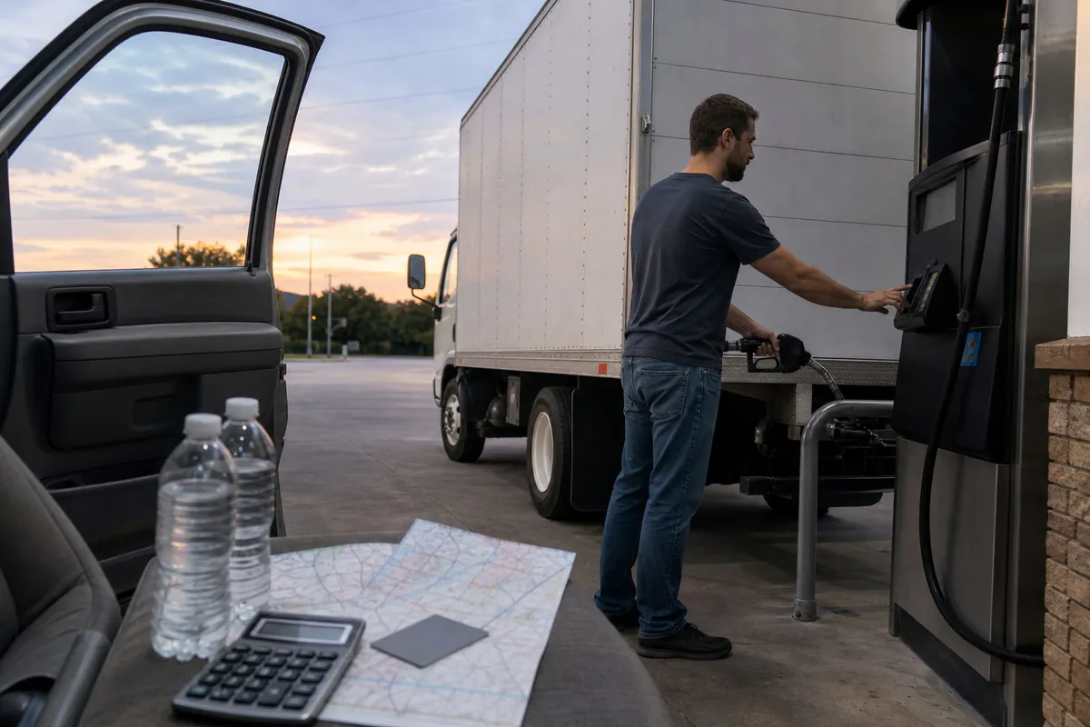A DIY mover fueling a box truck with travel-cost items visible nearby.