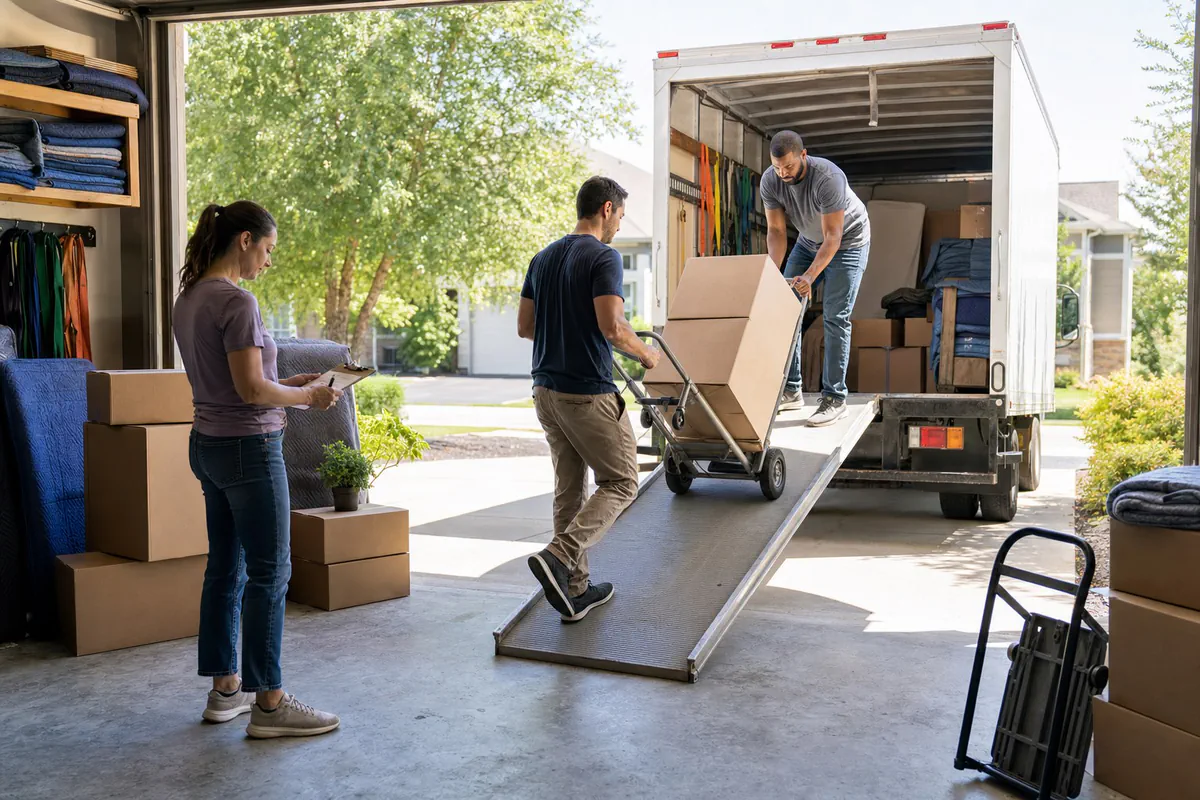 Friends loading a DIY moving truck while the homeowner tracks the inventory.