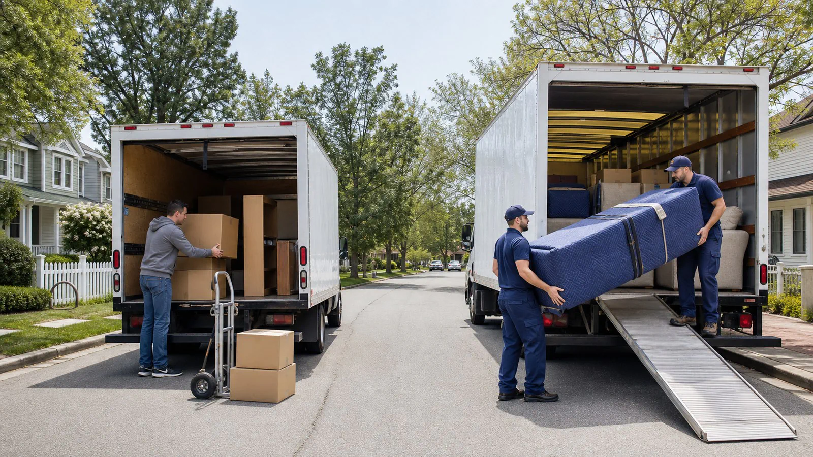 A side-by-side moving-day scene comparing a DIY truck load with a professional moving crew.