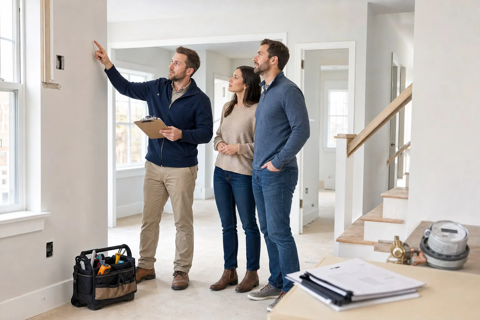 Illustration of a new home with a repair checklist and budget papers.