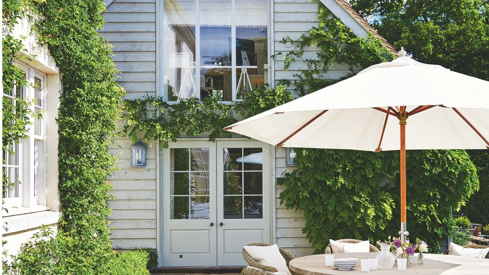 Outdoor seating arranged for guests on a hot summer day.