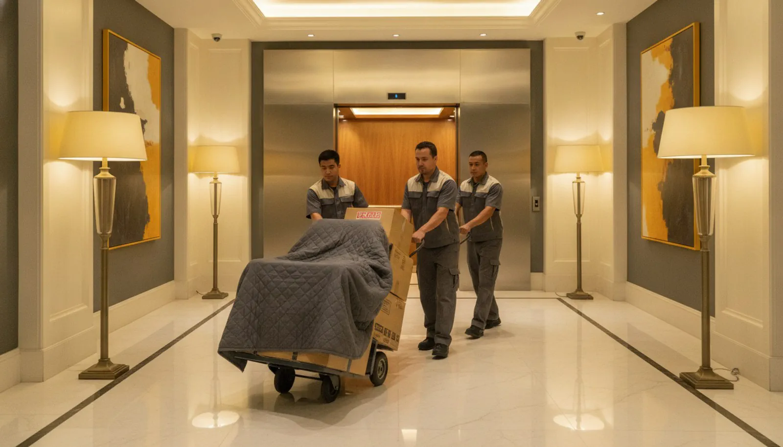 Professional movers rolling a loaded dolly through a condo lobby toward an elevator.