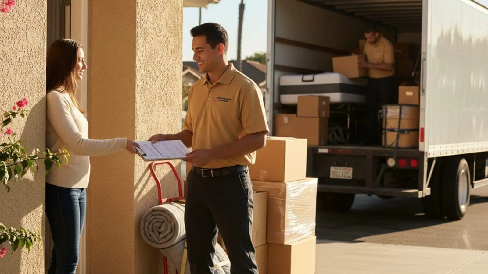 A mover and homeowner reviewing a printed moving estimate at a kitchen counter.