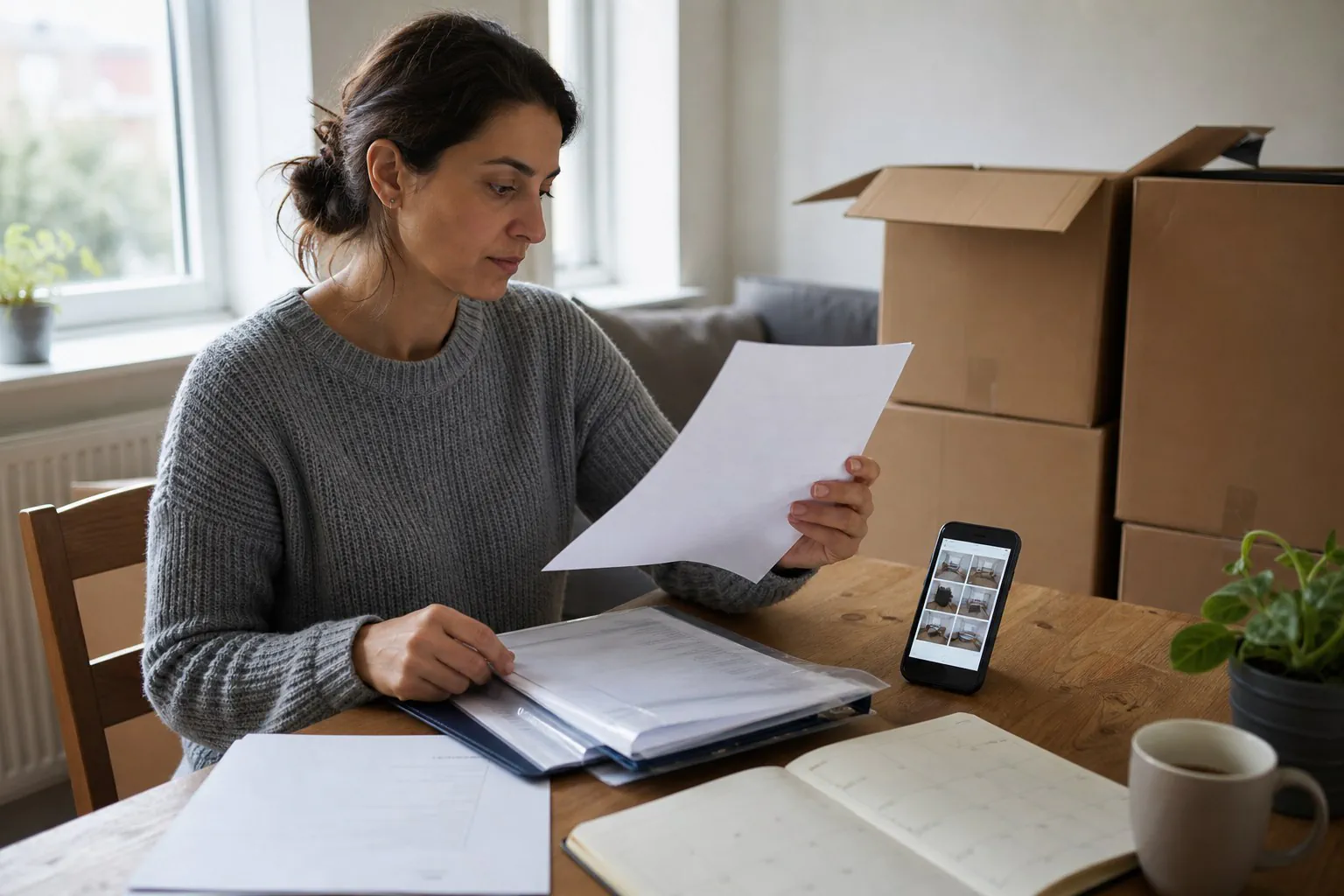 A renter reviews a written notice beside moving boxes and organized housing records.