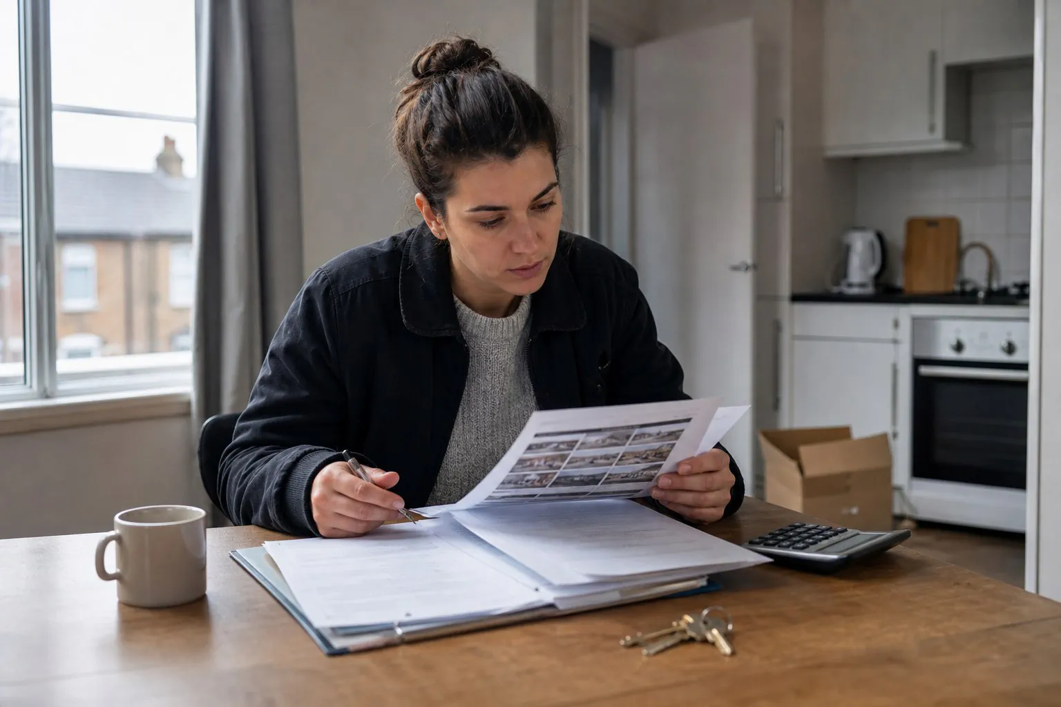 A renter reviews move-in charges, condition photos, and lease documents at a table.