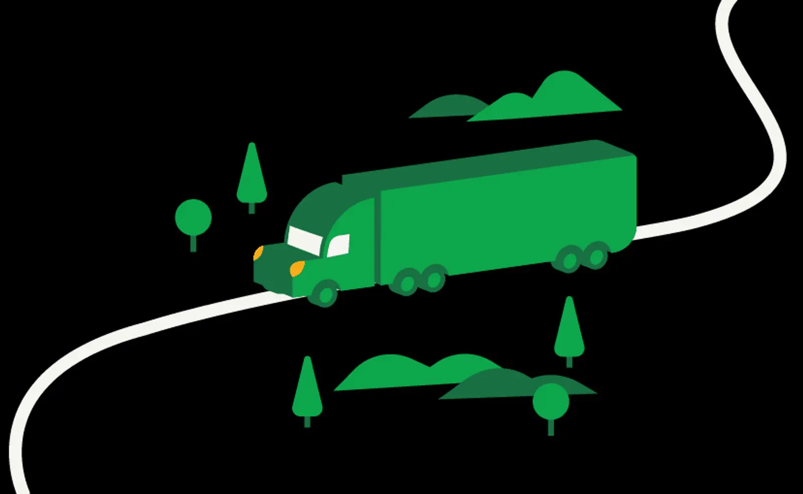 Illustration of a Mayflower moving truck driving along a road with rolling hills and trees along it - Mayflower®